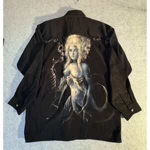 Grandeur Skull Gothic Shirt Mens XL Black Y2K Tattoo Art Button Mermaid Pinup